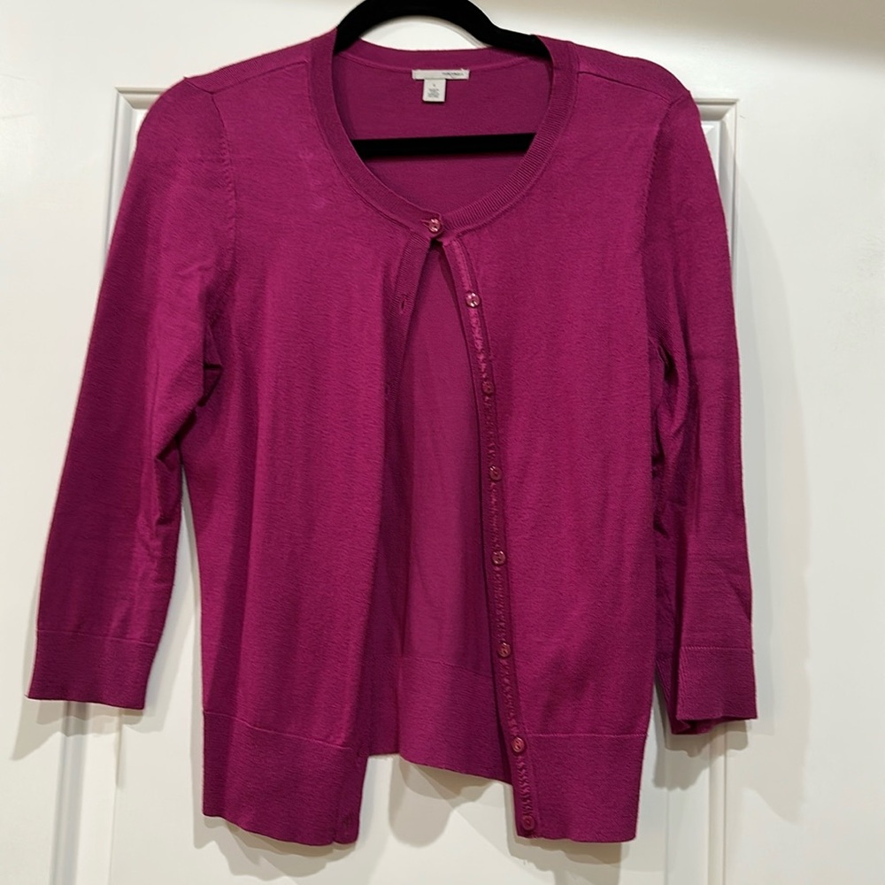 Halogen Purple Cardigan Sweater with Ribbed Trim Size Small.